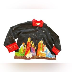 Design Options Philip & Jane Gordon Christmas Cardigan Sweater Nativity Sz XL